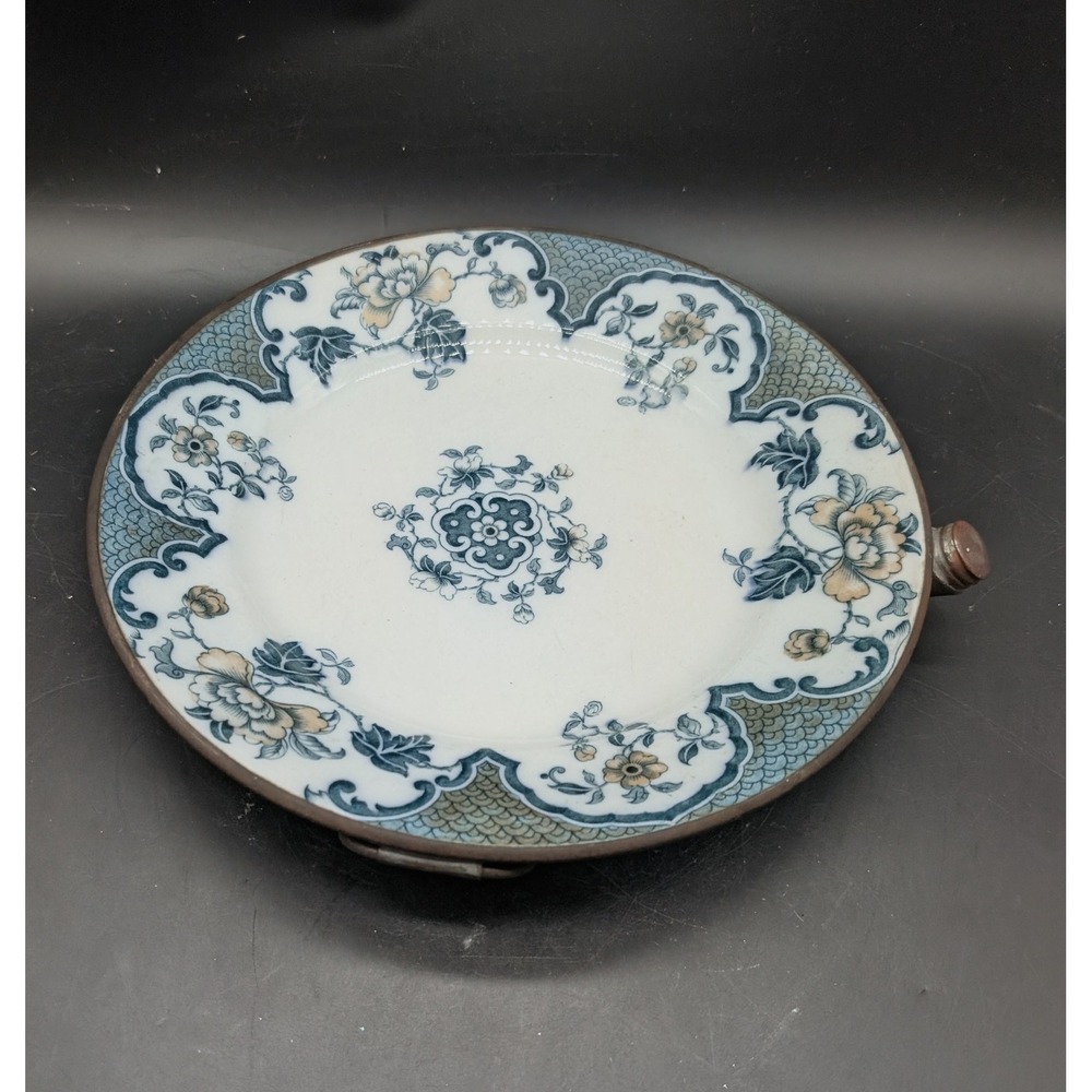 Antique Porcelain and Pewter Hot Water Warming Plate Blue White Floral Decor